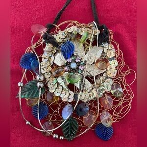 Handmade Wire Art Pendant Necklace | Mixed Beads & Leaf Charms | Suede Cord|Boho